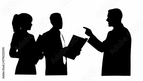 Silhouette of three business people two holding documents and one pointing at the documents being held | editable eps vectors