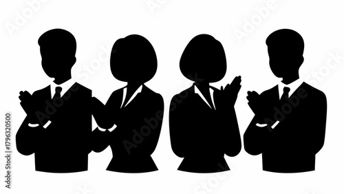 Silhouette of four business people clapping hands in suits and ties in a row on a white background image | editable eps vectors
