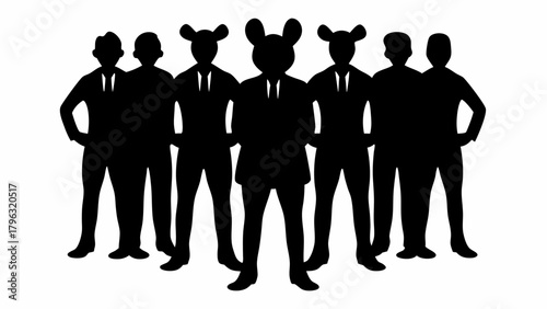 Silhouette of seven figures in suits with one figure having mouse ears standing in a group together | editable eps vectors
