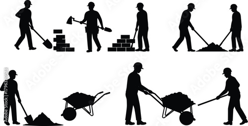 Construction workers silhouettes with shovel, wheelbarrow, bricklaying, digging, labor tools, industrial teamwork, manual work, site activity, vector illustration set
