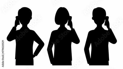 Three silhouetted figures in suits are depicted talking on phones against a white background in this image | editable eps vectors