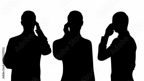 Three silhouetted figures engaged in phone conversations against a stark white background image view | editable eps vectors
