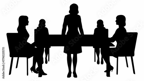 Silhouette of five women around a table in a meeting with one standing in the center of the table | editable eps vectors