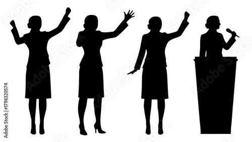Silhouetted women in suits with raised hands and a speaker at a podium giving a speech to a crowd of people | editable eps vectors