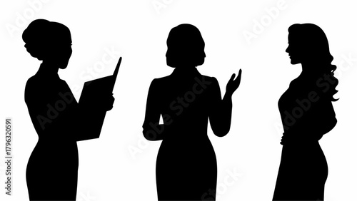 Silhouette illustration of three women in business attire posing and presenting information professionally | editable eps vectors
