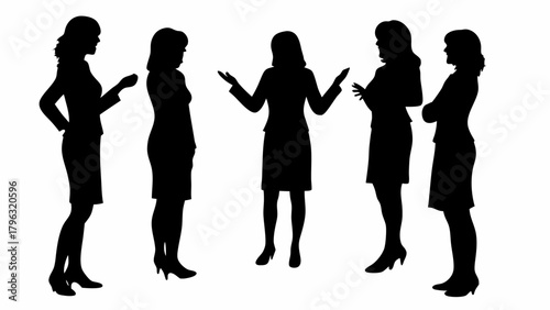 Silhouette of five women in business attire standing and gesturing in a group discussion setting view | editable eps vectors