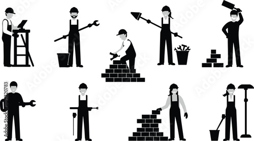 Construction workers silhouettes with tools, teamwork, safety gear, bricklaying, ladder, shovel, wrench, trowel, bucket, measuring, cleaning, industrial site vector