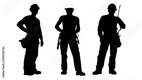Three construction workers standing in silhouette with tool belts and hard hats on a white background | editable eps vectors