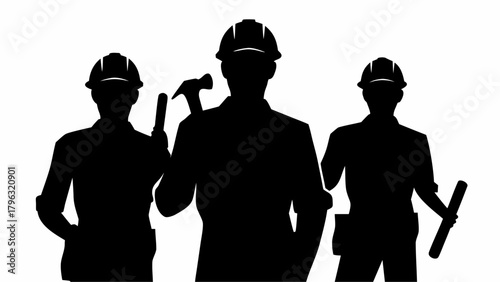 Silhouette of three construction workers wearing hard hats and holding tools against white background | editable eps vectors