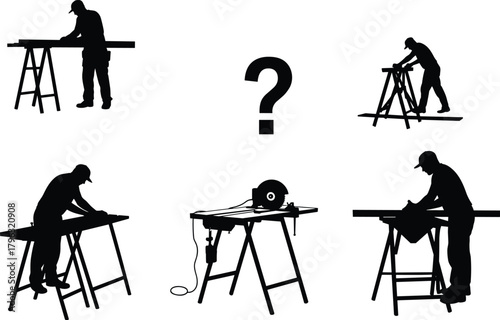Construction workers silhouettes with tools and sawhorses, teamwork concept, missing element puzzle, industrial labor scene, vector illustration design