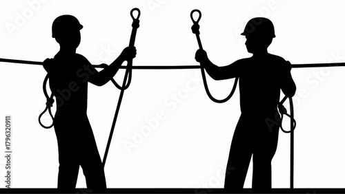 Silhouette of two linemen wearing hard hats working on overhead power lines with safety equipment tools | editable eps vectors