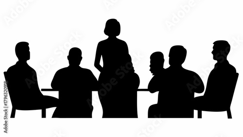 Silhouette illustration of a business meeting with a woman standing and several people seated around a table | editable eps vectors