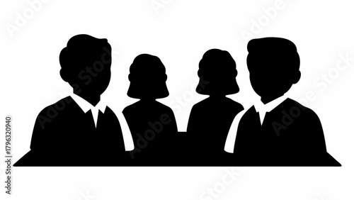 Silhouette illustration of four people in formal attire sitting together in a meeting or conference setting | editable eps vectors