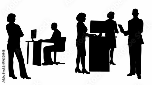 Silhouette illustration of office workers in various poses at their desks and standing together discussing | editable eps vectors
