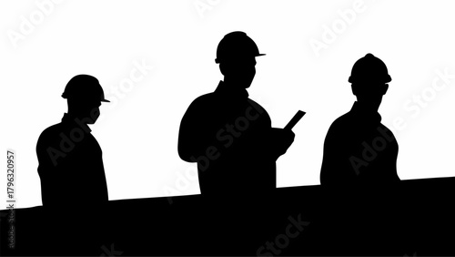 Silhouette of three construction workers wearing hard hats standing behind a dark surface in black and white | editable eps vectors