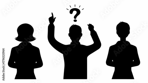 Silhouettes of three people with a question mark above the middle person indicating confusion or doubt | editable eps vectors