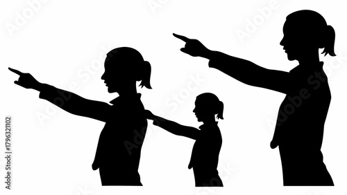 Silhouette of three women in a line with their arms extended and pointing in the same direction forward | editable eps vectors