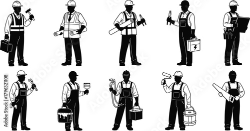 Construction workers with tools and safety gear representing skilled trades, teamwork, labor diversity, industrial professions, maintenance, and building industry roles