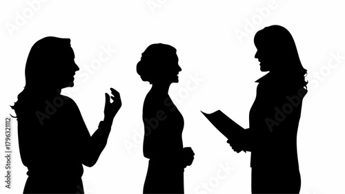 Three women in silhouette one gesturing one presenting document and one standing in the middle position | editable eps vectors