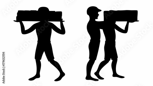 Two silhouettes of people carrying rectangular objects on their shoulders and hands in black | editable eps vectors