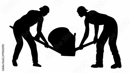 Silhouette of two people carrying a large container using poles in a monochrome black and white image | editable eps vectors