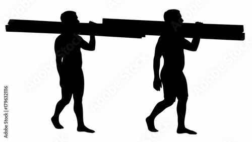 Two silhouetted figures carrying planks of wood on their shoulders in a black and white illustration | editable eps vectors