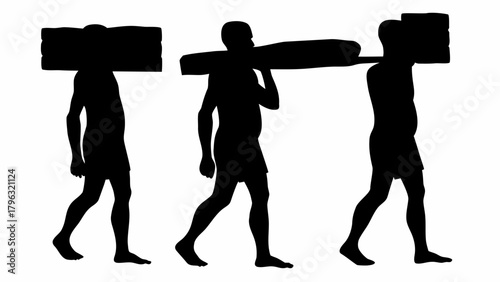 Three silhouetted figures carrying loads on their shoulders in a black and white image illustration | editable eps vectors