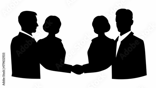 Silhouette illustration of two business couples shaking hands in a business agreement deal scenario view | editable eps vectors