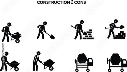 Construction workers with tools, wheelbarrows, cement mixers, bricklaying and shoveling icons in black silhouette style for industrial vector design