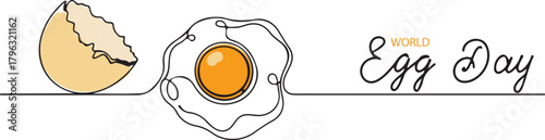 Minimalist one-line illustration of an egg shell and fried egg with “World Egg Day” text, perfect for food campaigns, breakfast themes, and culinary design.