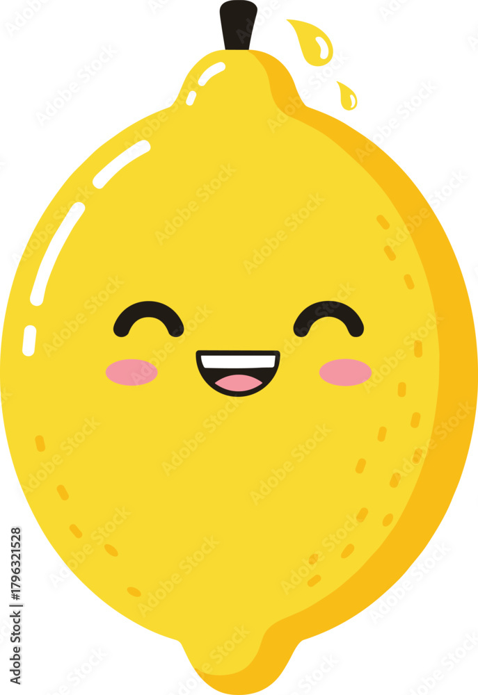 Fototapeta premium Cute cartoon lemon with smiling face, juicy droplets, happy expression, yellow fruit character for kids, fun food illustration