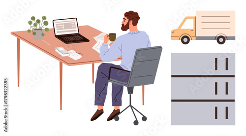 Beard man seated, working with laptop, reviewing paperwork. Nearby filing cabinet, delivery truck icons. Ideal for logistics, remote work, planning, e-commerce delivery process data management