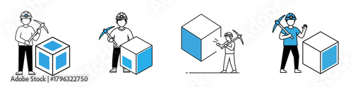 Four isometric illustrations depicting people mining blocks, symbolizing cryptocurrency or data extraction.