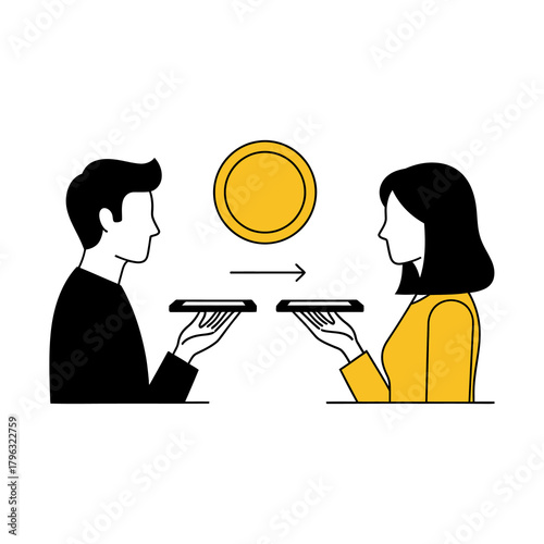 Man and woman exchanging money digitally via mobile devices, illustrating online payment or transaction.