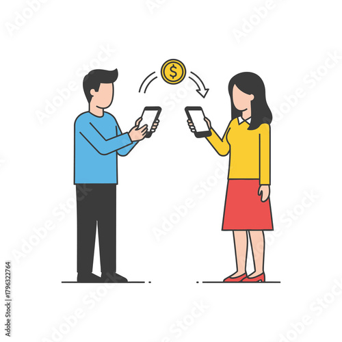 Man and woman sending and receiving money wirelessly using mobile phone apps.