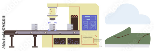 Robotic arm assembling parts on a conveyor belt near control panel and finished product. Ideal for automation, manufacturing, technology, robotics, industry, production processes, simple flat