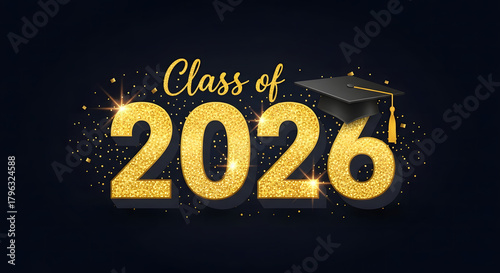 Elegant golden class of 2026 graduation announcement with cap and confetti