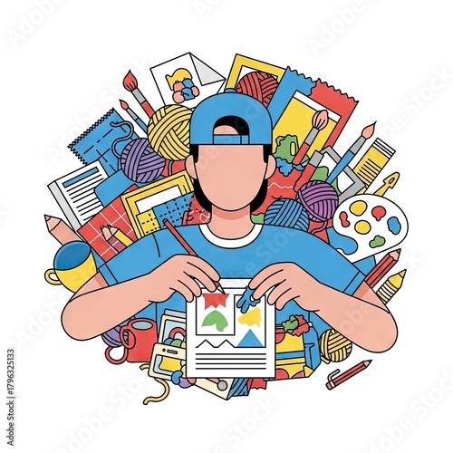 Young Person Holding Drawing Surrounded by Art Supplies and Creative Elements Against White Background