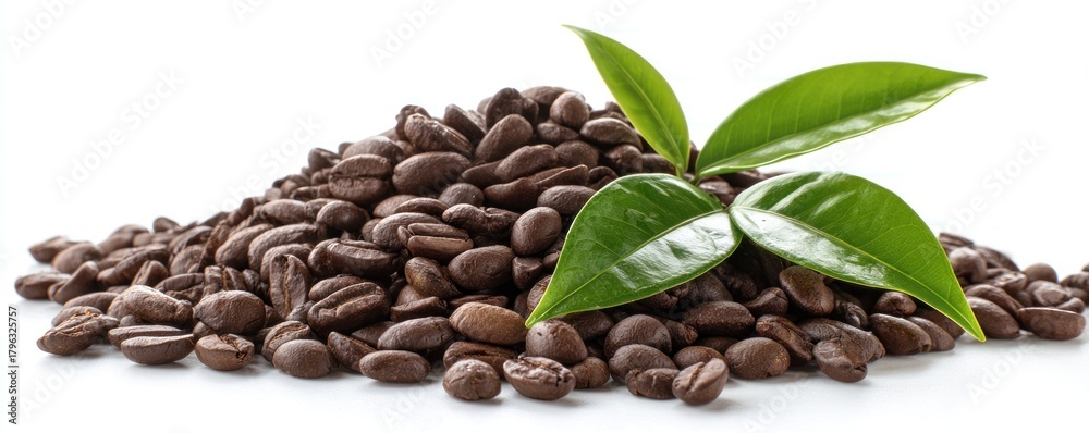Obraz premium Pile of roasted coffee beans with fresh green leaves.