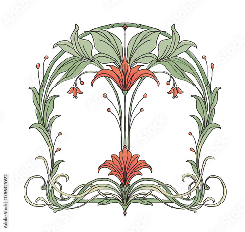 Art Nouveau floral ornament featuring two stylized tiger lilies in warm coral tones, framed by sweeping green leaves and curling tendrils