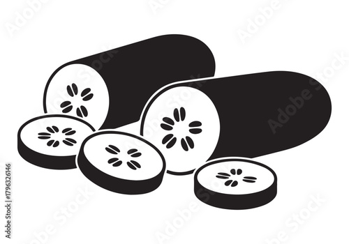  Fresh cucumber cut into slices and halves in a simple black and white silhouette