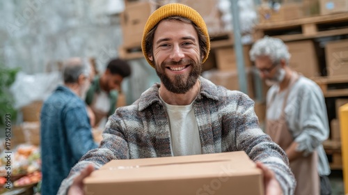 Young cheerful volunteer working at charity center and giving free food donation box for people in need in charitable foundation. Humanitarian aid, volunteering and social help for poor concept.