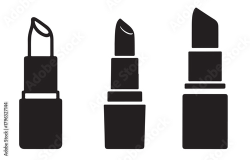  Three black silhouettes of open lipsticks on a white background silhouette
