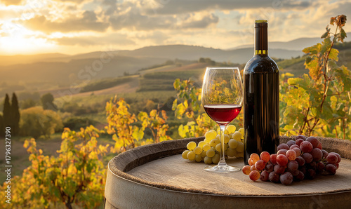 Elegant wine tasting experience with a glass and bottle of red wine, and grapes on a barrel with a beautiful vineyard view during a stunning sunset