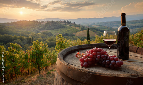 Experience the Tuscan countryside with a glass of red wine, perfect for travel blogs, culinary guides, and promoting a relaxing lifestyle in Italy