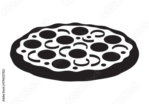  Whole pepperoni pizza with a black outline and white fill silhouette