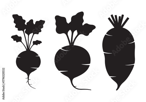  Three distinct root vegetables depicted as black silhouettes against a white background