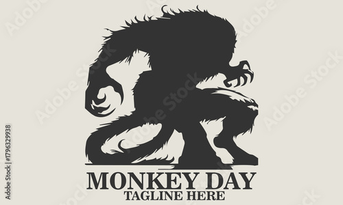 silhouette vector of a fierce, monstrous ape creature in a crouching attack pose. monkey day icon, scared monkey vector illustration and monkey day for halloween
