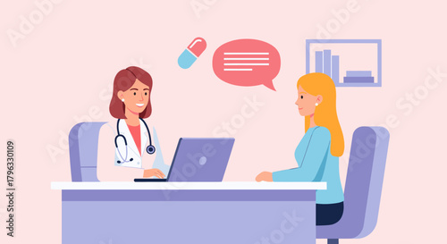Doctor consulting with patient about medication and health, using laptop at desk