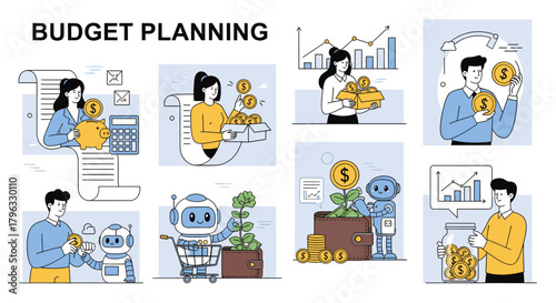 Budget planning concept with people, robot, coins, calculator, and financial charts